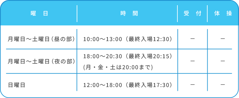 フリーコースの時間と曜日の表